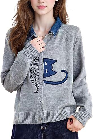 LAI MENG FIVE CATS Women's 2025 Fall Sweater Cardigan 2 in 1 Lapel Long Sleeve Button Ribbed Knit in Saudi Arabia