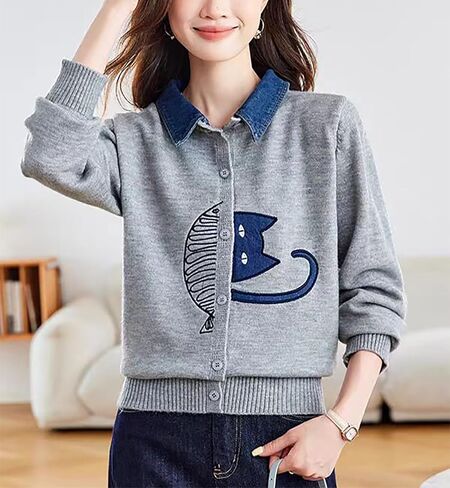 LAI MENG FIVE CATS Women's 2025 Fall Sweater Cardigan 2 in 1 Lapel Long Sleeve Button Ribbed Knit in Saudi Arabia
