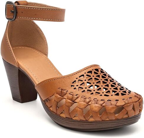 Mexican Leather Shoes with Embroidered Flowers, with Ankle Strap and Heels for Women - Model 1026 (7, BROWN) in Kuwait