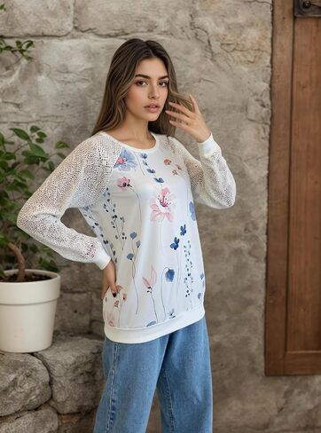 Women's Floral Print Sweatshirt with Lace Sleeves, White with Blue and Pink Flowers，White-S in Saudi Arabia