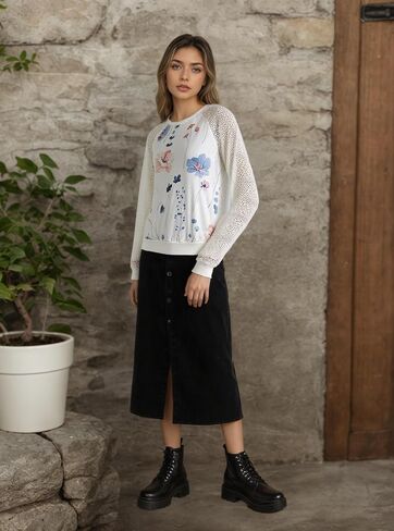 Women's Floral Print Sweatshirt with Lace Sleeves, White with Blue and Pink Flowers，White-S in Saudi Arabia