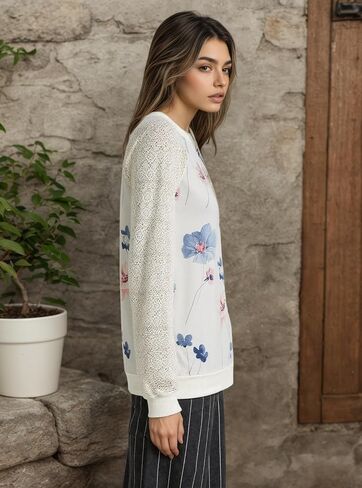 Women's Floral Print Sweatshirt with Lace Sleeves, White with Blue and Pink Flowers，White-S in Saudi Arabia