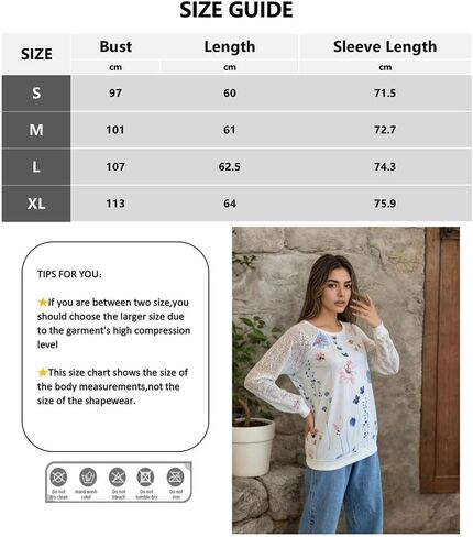 Women's Floral Print Sweatshirt with Lace Sleeves, White with Blue and Pink Flowers，White-S in Saudi Arabia