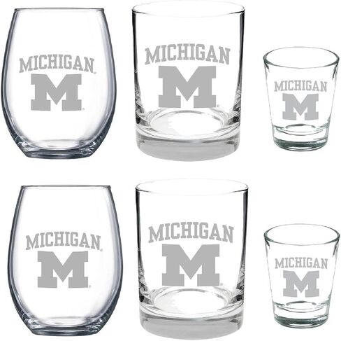 6 Piece Satin Glass Combo Set Includes 2 Wines (juice), 2 Rocks (old fashion) and 2 Shot Glasses (Michigan National Championship) in Saudi Arabia