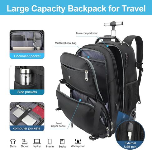 Vacuum Rolling Backpack,50L Roller Travel Laptop Backpack with Anti-Theft,rolling backpack for travel,Water-Resistant Carry-On Luggage,Business and Commuting (A) in Kuwait