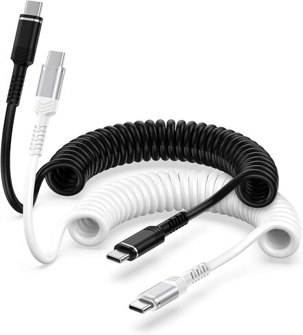 AILKIN 4FT Coiled USB C to USB C Cable, Retractable 2-Pack USB C Fast Charging Cable, Car Short Coiled Type C Cable for iPhone 16/16 Pro/15/15 Plus/15 Pro, Galaxy S24/S23/S22 and More Type C Devices in Kuwait