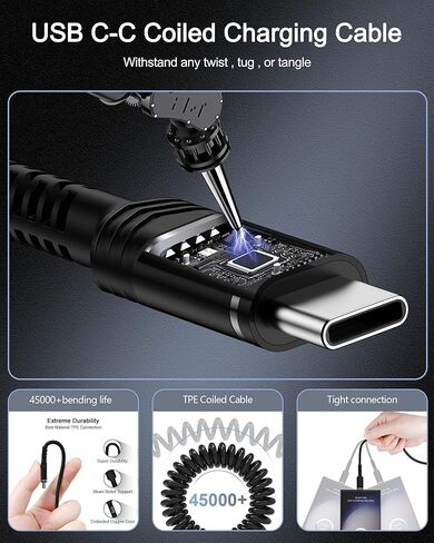 AILKIN 4FT Coiled USB C to USB C Cable, Retractable 2-Pack USB C Fast Charging Cable, Car Short Coiled Type C Cable for iPhone 16/16 Pro/15/15 Plus/15 Pro, Galaxy S24/S23/S22 and More Type C Devices in Kuwait