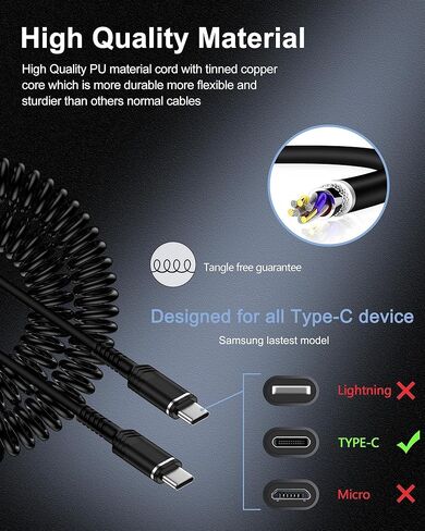 AILKIN 4FT Coiled USB C to USB C Cable, Retractable 2-Pack USB C Fast Charging Cable, Car Short Coiled Type C Cable for iPhone 16/16 Pro/15/15 Plus/15 Pro, Galaxy S24/S23/S22 and More Type C Devices in Kuwait