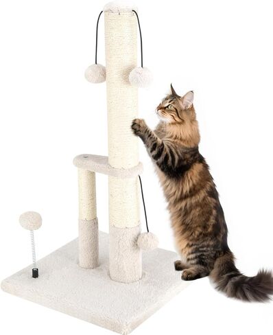 Dimaka Tall Cat Scratching Post, Double Lower Posts Extra Stable Cat Post Tree Scratcher with Sisal Rope and Teasing Balls, 4 Balls Total Large Base (Grey 26" in Kuwait