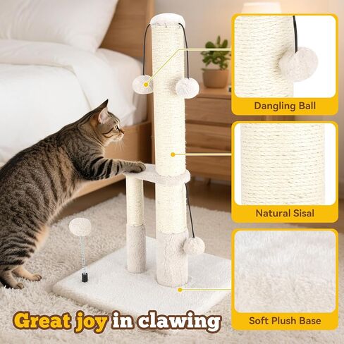 Dimaka Tall Cat Scratching Post, Double Lower Posts Extra Stable Cat Post Tree Scratcher with Sisal Rope and Teasing Balls, 4 Balls Total Large Base (Grey 26" in Kuwait