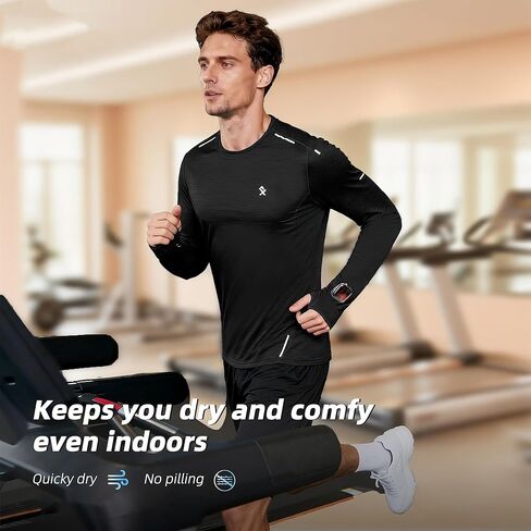 Men's Reflective Long Sleeve Running Shirt for Men, Watch & Thumb Hole - Quick Dry Athletic Top, Night Running, Hiking in Kuwait