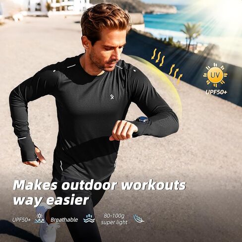 Men's Reflective Long Sleeve Running Shirt for Men, Watch & Thumb Hole - Quick Dry Athletic Top, Night Running, Hiking in Kuwait
