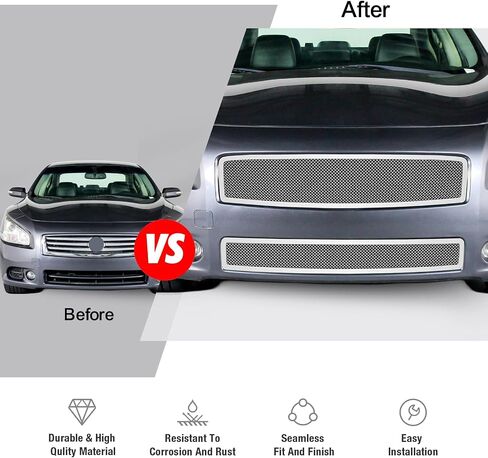 APS Compatible with Nissan Maxima 2009-2014 Main Upper Lower Bumper Stainless Steel Chrome Mesh Front Grill Grille Insert Combo N77774T in Saudi Arabia