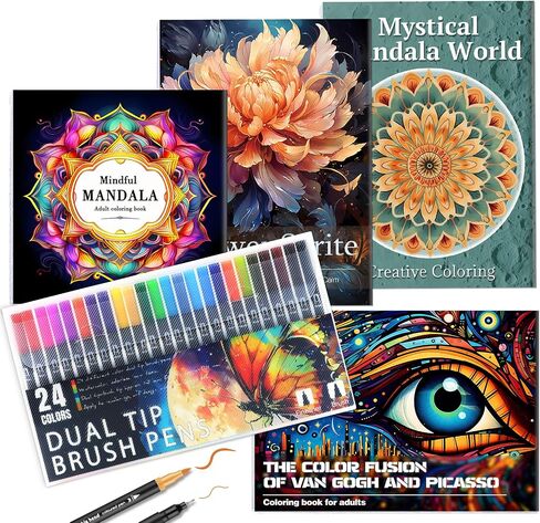 Adult Coloring Book for Women Relaxation, Mindfulness Coloring Book with 24 Dual Tip Markers, Stress Relief Gifts for Women with 128 Patterns Include Tree Garden Zen Meditation Style (4 Pack) in Saudi Arabia