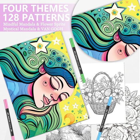 Adult Coloring Book for Women Relaxation, Mindfulness Coloring Book with 24 Dual Tip Markers, Stress Relief Gifts for Women with 128 Patterns Include Tree Garden Zen Meditation Style (4 Pack) in Saudi Arabia