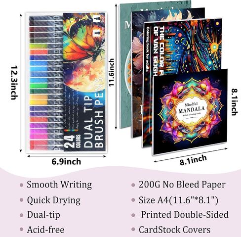 Adult Coloring Book for Women Relaxation, Mindfulness Coloring Book with 24 Dual Tip Markers, Stress Relief Gifts for Women with 128 Patterns Include Tree Garden Zen Meditation Style (4 Pack) in Saudi Arabia