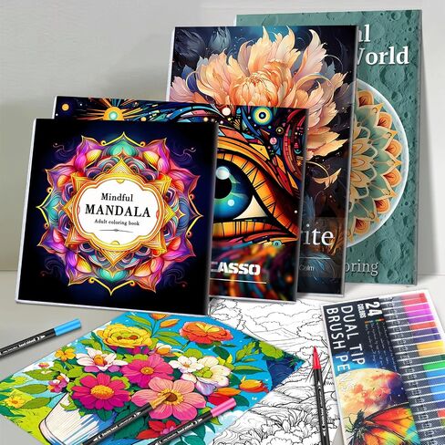 Adult Coloring Book for Women Relaxation, Mindfulness Coloring Book with 24 Dual Tip Markers, Stress Relief Gifts for Women with 128 Patterns Include Tree Garden Zen Meditation Style (4 Pack) in Saudi Arabia