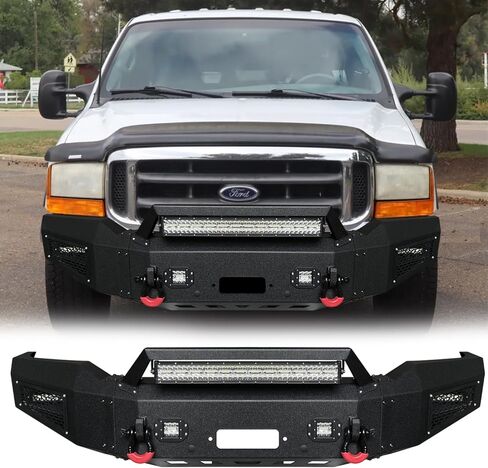 المصد الأمامي متوافق مع 2017 2018 2019 2020 2021 2022 Ford F250/F350/F450 (مع لوحة ونش و5 مصابيح LED وحلقتين على شكل حرف D) in Kuwait