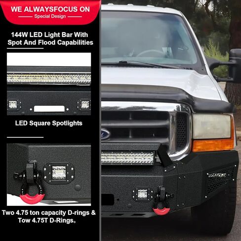 المصد الأمامي متوافق مع 2017 2018 2019 2020 2021 2022 Ford F250/F350/F450 (مع لوحة ونش و5 مصابيح LED وحلقتين على شكل حرف D) in Kuwait