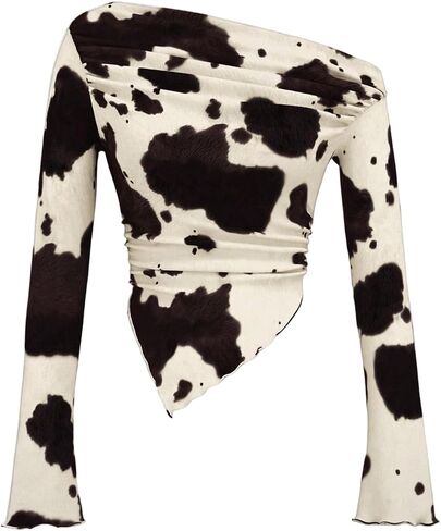 WDIRARA Women's Cow Print One Shoulder T Shirt Y2k Long Bell Sleeve Tees Ruched Asymmetrical Crop Tops in Saudi Arabia