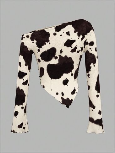 WDIRARA Women's Cow Print One Shoulder T Shirt Y2k Long Bell Sleeve Tees Ruched Asymmetrical Crop Tops in Saudi Arabia