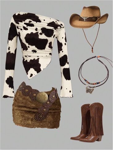 WDIRARA Women's Cow Print One Shoulder T Shirt Y2k Long Bell Sleeve Tees Ruched Asymmetrical Crop Tops in Saudi Arabia