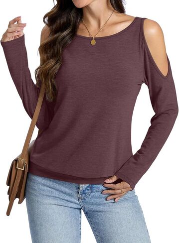 Womens Cold Shoulder Tops Banded Bottom Long Sleeve Shirts Boat Neck Fall Sexy Casual Outfits 2025 in Kuwait