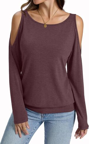 Womens Cold Shoulder Tops Banded Bottom Long Sleeve Shirts Boat Neck Fall Sexy Casual Outfits 2025 in Kuwait