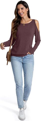 Womens Cold Shoulder Tops Banded Bottom Long Sleeve Shirts Boat Neck Fall Sexy Casual Outfits 2025 in Kuwait