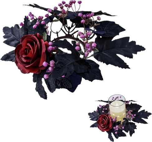 Halloween Candle Rings Wreath Artificial Maple Leaf Rose Flower Candle Holder Wreaths Garland for Halloween Party Home Table Centerpieces Decorations in Saudi Arabia
