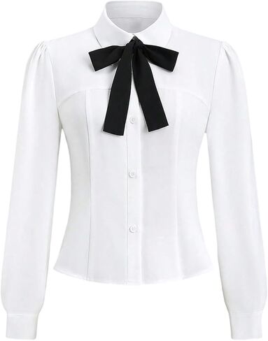 SweatyRocks Women's Puff Long Sleeve Button Down Fitted Crop Shirt Top Dressy Casual Bow Tie Elegant Blouse in Saudi Arabia
