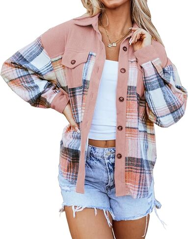 Womens Plaid Corduroy Patchwork Shackets Flannel Shirt Long Sleeve Button Down Shirts Jacket in Kuwait