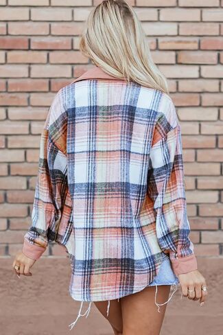 Womens Plaid Corduroy Patchwork Shackets Flannel Shirt Long Sleeve Button Down Shirts Jacket in Kuwait