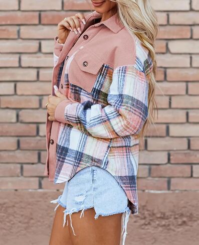 Womens Plaid Corduroy Patchwork Shackets Flannel Shirt Long Sleeve Button Down Shirts Jacket in Kuwait