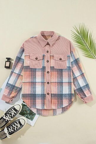 Womens Plaid Corduroy Patchwork Shackets Flannel Shirt Long Sleeve Button Down Shirts Jacket in Kuwait