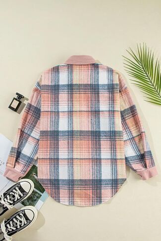 Womens Plaid Corduroy Patchwork Shackets Flannel Shirt Long Sleeve Button Down Shirts Jacket in Kuwait