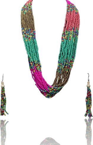 BAANCOLLECTIONS ™ مجموعة قلادة خرز طويلة متعددة الألوان من القبيلة النيبالية، مجموعة قلادة خرز بذور عصرية للنساء مع أقراط in Saudi Arabia