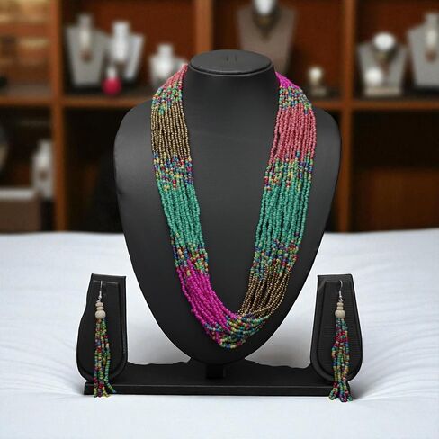 BAANCOLLECTIONS ™ مجموعة قلادة خرز طويلة متعددة الألوان من القبيلة النيبالية، مجموعة قلادة خرز بذور عصرية للنساء مع أقراط in Saudi Arabia