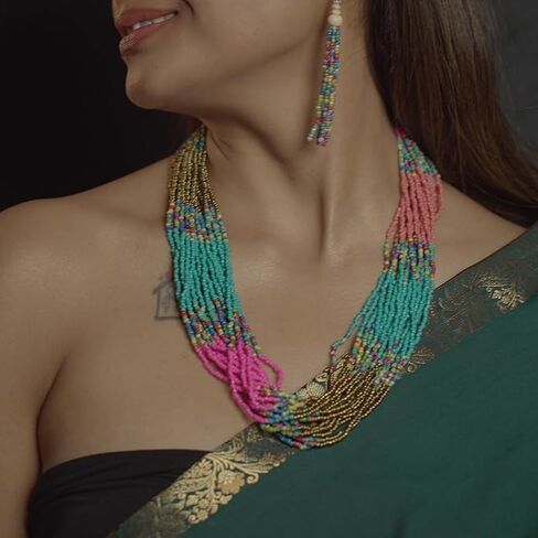 BAANCOLLECTIONS ™ مجموعة قلادة خرز طويلة متعددة الألوان من القبيلة النيبالية، مجموعة قلادة خرز بذور عصرية للنساء مع أقراط in Saudi Arabia