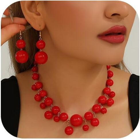 Large Red Beaded Necklace Earrings for Women Chunky Y2k Beads Choker Jewelry Set Fashion Costume Outfit Choker Necklaces Dangling Statement Earring in Saudi Arabia
