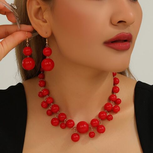 Large Red Beaded Necklace Earrings for Women Chunky Y2k Beads Choker Jewelry Set Fashion Costume Outfit Choker Necklaces Dangling Statement Earring in Saudi Arabia