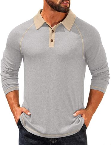 COOFANDY Mens Long Sleeve Polo Shirts Casual Button Collared Shirts Raglan Golf T Shirt in Kuwait