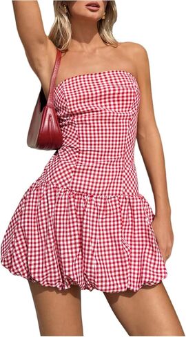 SweatyRocks Women's Plaid Strapless Bubble Dress Sleeveless Ruffle Mini Tube Dresses in Saudi Arabia