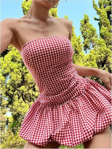 SweatyRocks Women's Plaid Strapless Bubble Dress Sleeveless Ruffle Mini Tube Dresses in Saudi Arabia