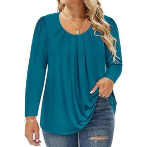TIYOMI Womens Plus Size Tops Long Sleeve Pleated Flowy Round V Neck Tunic Dressy Casual Loose Fit T-shirts Blouses XL-5XL in Kuwait