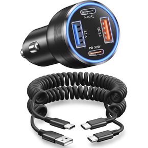 Car Charger for iPhone 16/15 Pro Max,OKRAY 65W 4-Port PD30W+QC3.0 USB C Fast Car Charger Cigarette Lighter Adapter & 2×5FT USB C Coiled Carplay Cable for iPhone 15 16 Pro Max Plus,Galaxy,Pixel,Android in Kuwait
