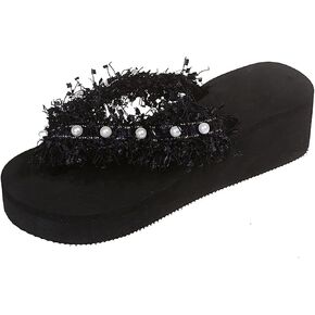 WOilERQ Ladies Fringed Open-Toed Sandals and Slippers Pearl Flip-Flops Flat Sandals Beach Shoes for Outdoor Wear in Summer Suitable for Indoor and Outdoor,Black,36 in Saudi Arabia