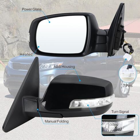 Left Driver Side Mirror Compatible With 2011 2012 2013 2014 2015 Kia Sorento With Manual Folding Power Glass Heated Turn Signal Matte Black Replace#876101U050(7 Pins) in Saudi Arabia