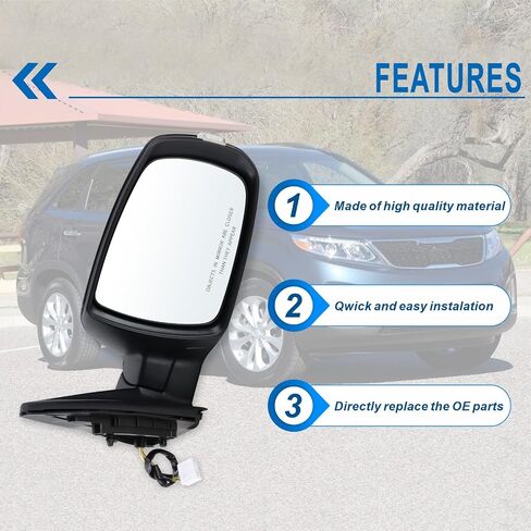 مرآة جانبية للسائق الأيسر متوافقة مع 2011 2012 2013 2014 2015 Kia Sorento مع زجاج كهربائي قابل للطي يدويًا وإشارة انعطاف ساخنة باللون الأسود غير اللامع #876101U050(7 دبابيس) in Saudi Arabia