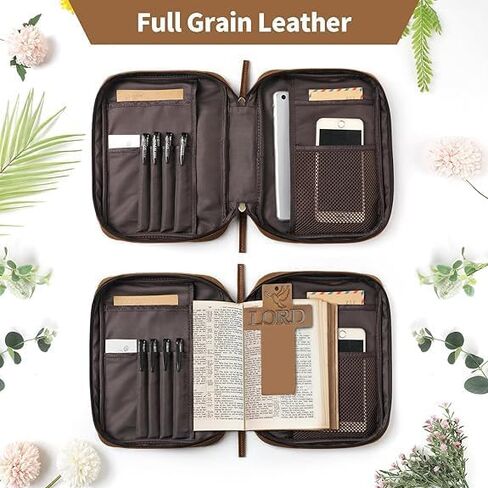 Jack&Chris Full Grain Leather Bible Covers, Church Bag Bible Protective Book Holder, Large Bible Cover for Men Women, Bible Carrying Case Folder Organizer with Handle, Christian Art Gifts, Brown in Saudi Arabia
